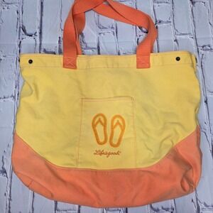 Life is Good Tote Bag Yellow Orange Canvas Flip Flop Pocket Beach Summer Bag
